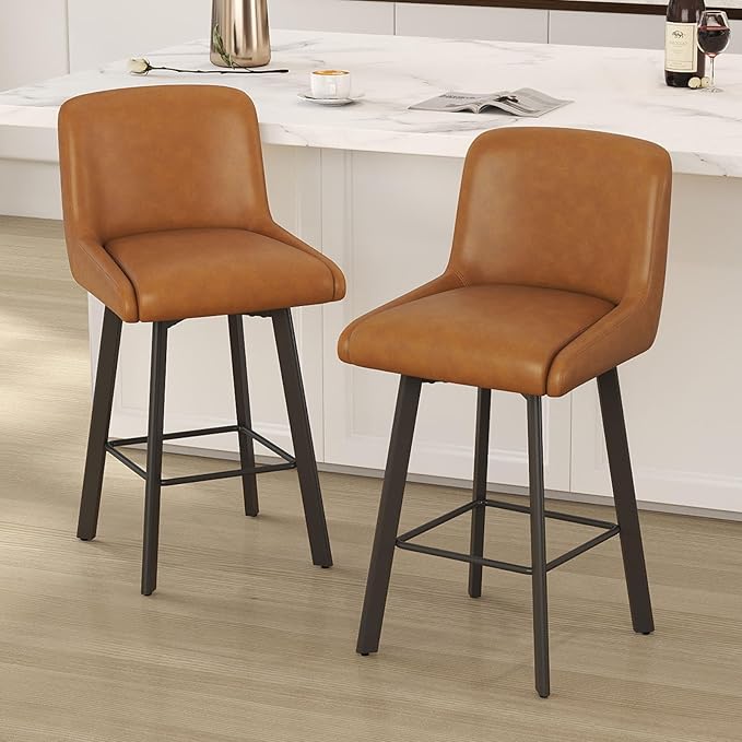 Swivel Counter Height Bar Stools Set of 3, 26''H Upholstered Barstools with Backs, Modern Bar Stool Chairs for Kitchen Island, Metal Legs, Faux Leather, Whiskey Brown Stools Counter Chair