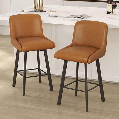 Swivel Counter Height Bar Stools Set of 2, 26''H Upholstered Barstools with Backs, Modern Bar Stool Chairs for Kitchen Island, Metal Legs, Faux Leather, Whiskey Brown Stools Counter Chair