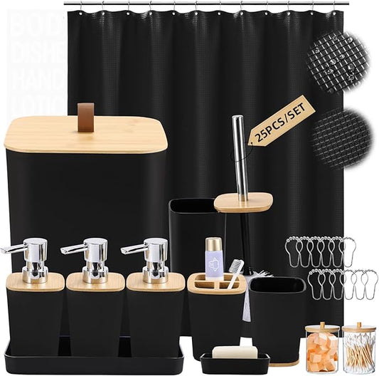 Black Bathroom Accessories Sets Complete with Shower Curtain, 24 PCS Bathroom Set with Trash Can,Toothbrush Holder,Toothbrush Cup,Soap Dispenser,Soap Dish,Toilet Brush,Tray and Qtip Holder