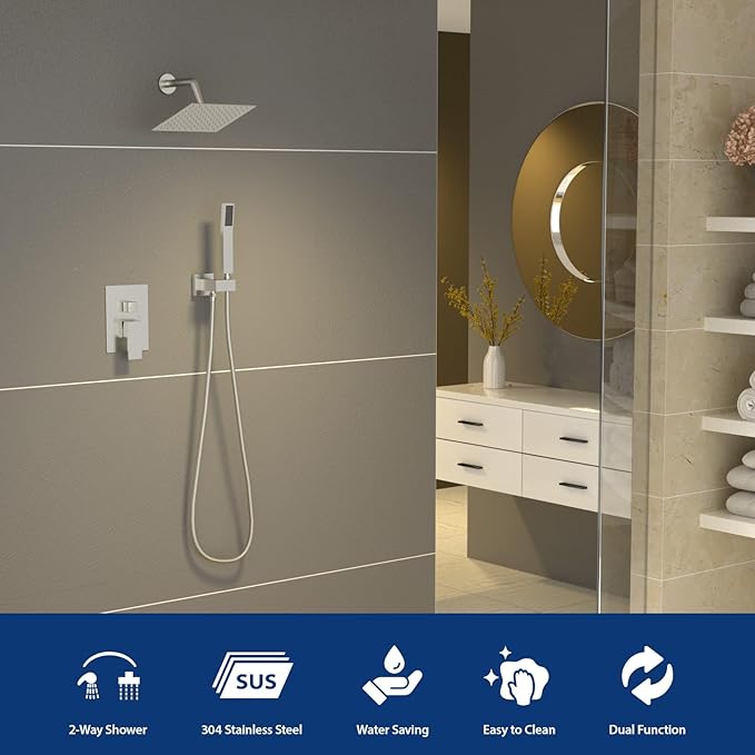 Sarlai Shower Faucet Set Bathroom Square Rainfall Shower Head and Handle Combo Wall Mounted Shower Faucet with Valve 8 Inch Shower Head Trim Systems Brushed Nickel