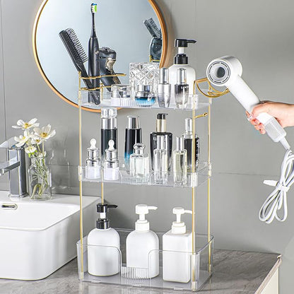 Bathroom Counter Organizer with Hair Dryer Holder, Hair Tool Countertop Storage, Cosmetics Skincare Shelf Organizer, Makeup Organizer Perfume for Dresser Vanity Tray(3 Tier-White)