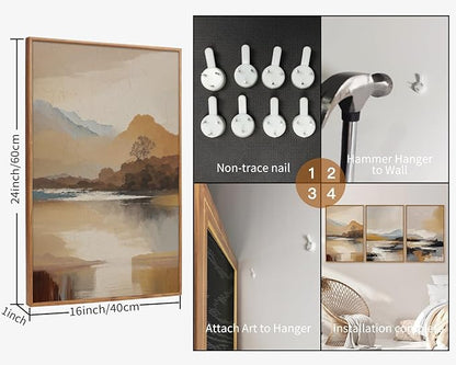 Tinonedraw Beige Mountain Landscape Framed Canvas Wall Art, Abstract Mid Century Modern Wall Decor, Golden Hour Lake Artwork, Neutral Nature Scenery Art Printing for Living Room Bedroom Office 16"x24"x3