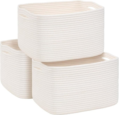 3-Pack Shelf Baskets for Organizing, Woven Storage Basket for Shelves, Cotton Rope Storage Bins for Toys Books, Nursery Towel Baskets for Classroom, 14.96"X9.8"X8.85", White