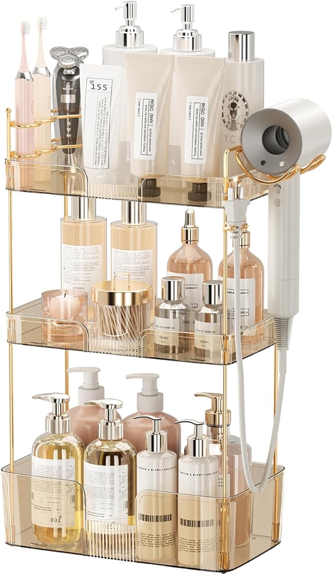 Bathroom Counter Organizer with Hair Dryer Holder, Hair Tool Countertop Storage, Cosmetics Skincare Shelf Organizer, Makeup Organizer Perfume for Dresser Vanity Tray(3 Tier-Gold)