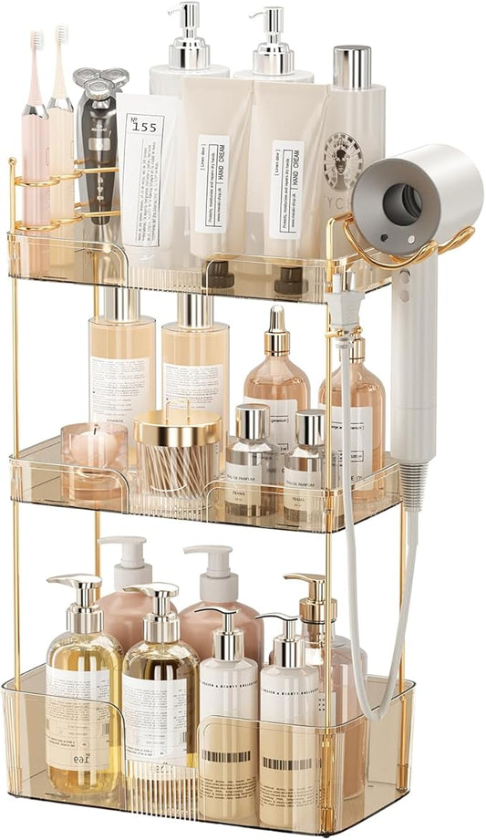 Bathroom Counter Organizer with Hair Dryer Holder, Hair Tool Countertop Storage, Cosmetics Skincare Shelf Organizer, Makeup Organizer Perfume for Dresser Vanity Tray(3 Tier-Gold)