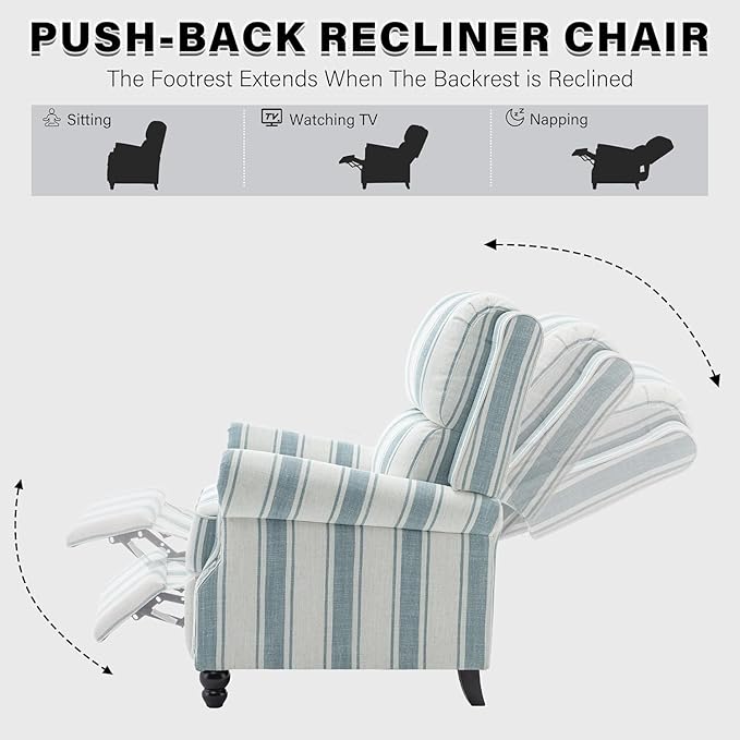 UIXE Pushback Recliner Chair, Fabric Armchair Push Back Accent Chair for Living Room, Rivet Trim Club Arm Chair Overstuffed Home Theater Single Sofa Bedroom Reading Seat with Footrest - Stripe Blue