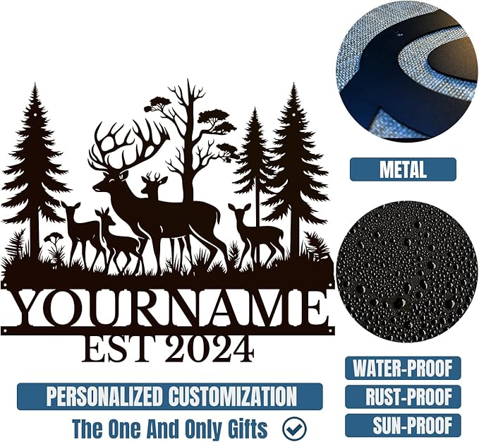 Personalized Deer Forest Name metal Signs,Custom Shed Metal Wall Decor,Black Deer Metal Wall Art Decor,Deer Home Metal Signs Plaques,Outdoor wall Decorative Signage (Style E)