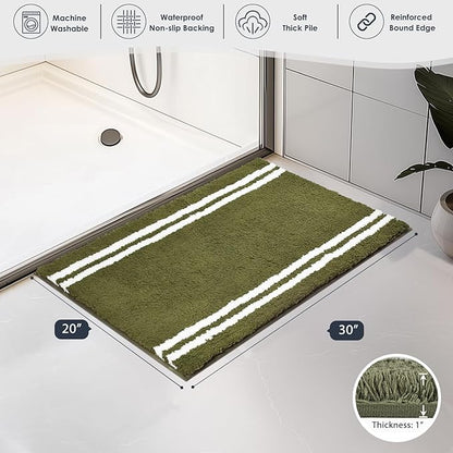 PURRUGS Bathroom Rug Non-Slip Machine Washable 20" x 30", Super Absorbent and Quick Dry Shaggy Microfiber Bath Mat, Extra Soft and Plush Bath Rug for Bathtub, Shower and Sink, Olive Green