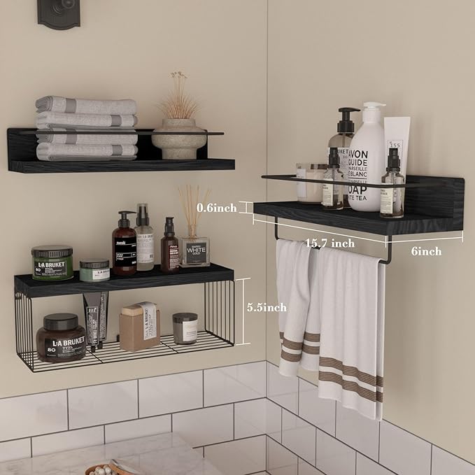 Bathroom Shelves Over Toilet for Wall, Floating Shelves with Storage Basket Paper Holer for Kitchen Living Room, Bedroom & Classroom, Set of 3 (Black)