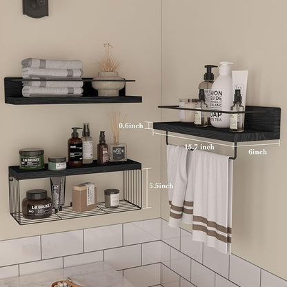 Bathroom Shelves Over Toilet for Wall, Floating Shelves with Storage Basket Paper Holer for Kitchen Living Room, Bedroom & Classroom, Set of 3 (Black)