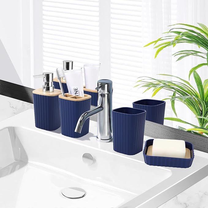 Blue Bathroom Set - Navy Blue Bathroom Accessories Set with with Trash Can,Toothbrush Holder,Toothbrush Cup,Soap Dispenser,Tray,Soap Dish,Toilet Brush,Qtip Holders for Bathroom Home Decor