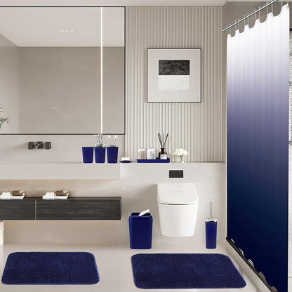 24PC Navy Blue Bathroom Set with Shower Curtain and Rugs, Blue Bathroom Sets Complete with Trash Can,Soap Dispenser,Soap Dish,Toilet Brush,Toothbrush Holder and Cup,Tray,Q-Tip Holders