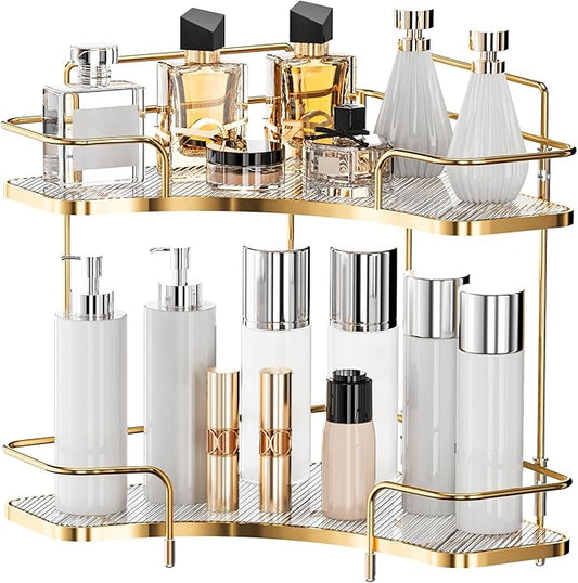 Seoneiro 2 Tier Corner Bathroom Counter Organizer, Cosmetic Skincare Organizer, Bathroom Countertop Perfume Tray Vanity Organizer, Kitchen Spice Corner Storage Shelf