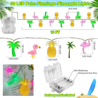 Couah 30 LED 16Ft Summer Beach Hawaiian String Lights - 8 Modes & Timer - Flamingo Pineapple Palm Tree Fairy Lights - Battery Operated for Tropical Party Pool Decorations
