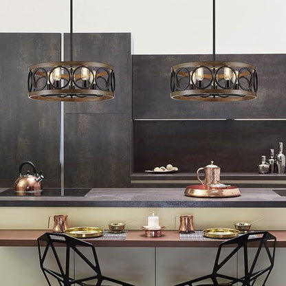 XINGQI 21.7'' Modern Chandelier, Farmhouse Drum Chandeliers for Dining Room Living Room Bedroom 5-Light Pendant Lighting Round Black Metal Antique Wood Grain Finish Adjustable