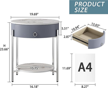 OIOG Round Side Table with Drawer, Modern Nightstand with Shelf and Chrome Finish Metal Legs, 2 Tier End Table for Living Room, Bedroom, Office, Marbling Natural Stone/Silver