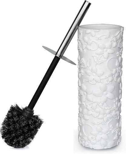 White Floral Design Resin Toilet Bowl Holder and Brush Set, Stylish Bathroom Cleaning Tool with Durable Bristles, Compact and Functional