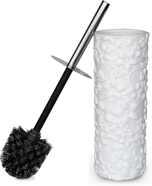 White Floral Design Resin Toilet Bowl Holder and Brush Set, Stylish Bathroom Cleaning Tool with Durable Bristles, Compact and Functional
