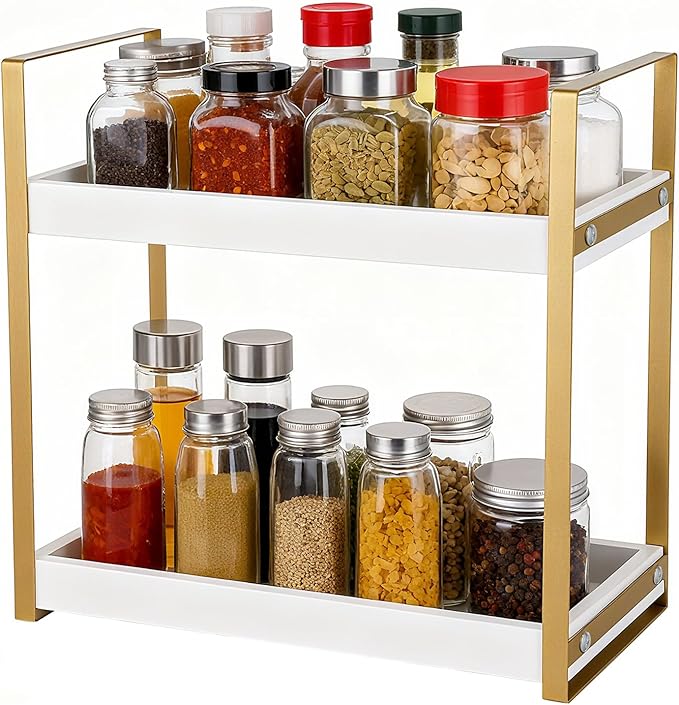 Bathroom Counter Organizer with Basket, Wooden Sink Shelf for Vanity Storage, Storage Organizers for Bathroom, Kitchen, Dresser (Gold - White)