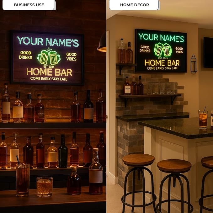 Personalized Cocktail Bar Signs with Your Name for home wall light up with personalized pub name, man cave accessories, beer themed neon customizable lighted sign