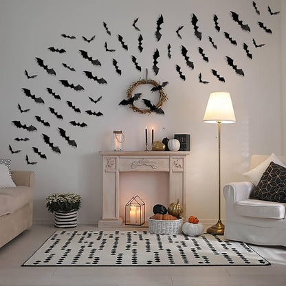 DIYASY Bats Wall Decor, 120 Pcs 3D Bat Halloween Decoration Stickers for Home Decor 4 Size Waterproof Black Spooky Bats for Room Decals