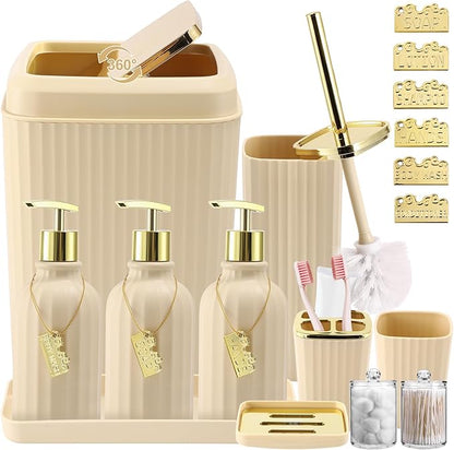 17PCS Bathroom Accessory Set Bathroom Set Beige Bathroom Accessories,Toilet Brush, Trash Can, Qtip Holder Dispenser& 3PCS Soap Dispenser