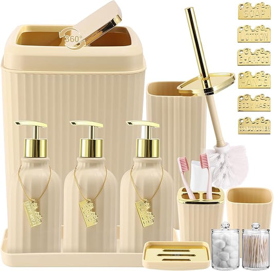 17PCS Bathroom Accessory Set Bathroom Set Beige Bathroom Accessories,Toilet Brush, Trash Can, Qtip Holder Dispenser& 3PCS Soap Dispenser
