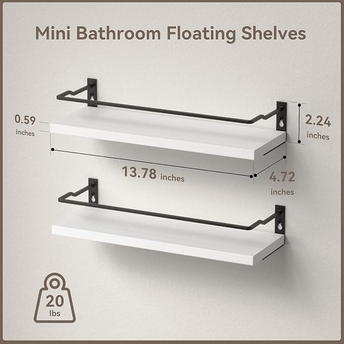 RICHER HOUSE White Bathroom Shelves, Small Floating Wall Mounted Shelf for Bathroom Decor, Guard-Rail Wood Shelving Organizer Over Toilet Kitchen Storage Shelves Set of 2 - White