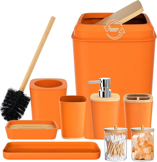 Orange Bathroom Accessories Set 9 Piece Bathroom Accessory Set with Trash Can,Toothbrush Holder,Toothbrush Cup,Lotion Soap Dispenser,Vanity Tray,Soap Dish,Toilet Brush,Qtip Holder