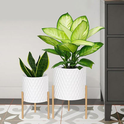 ARNIS Plants Pots with Stand, Set of 2 P lanters, Unique Mid Century Decorative Metal Flower Pots with Drainage, 8.25 & 10.5 Inch, White and Gold