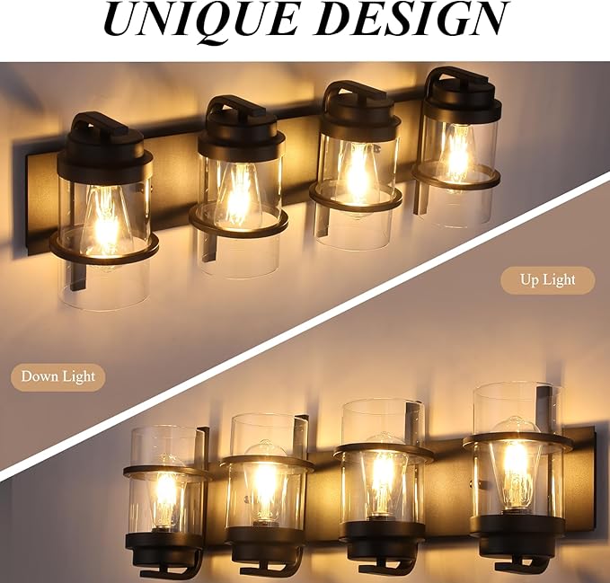 Bathroom Vanity Light Fixtures,4 Lights Matte Black Vanity Lights, Industrial Black Wall Sconces 4 Lights,Farmhouse Bathroom Lights(Bulbs not Included)