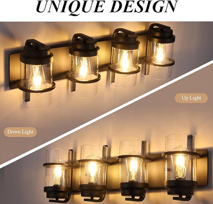 Bathroom Vanity Light Fixtures,4 Lights Matte Black Vanity Lights, Industrial Black Wall Sconces 4 Lights,Farmhouse Bathroom Lights(Bulbs not Included)