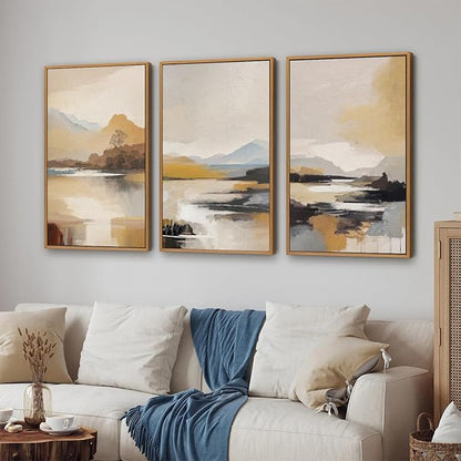 Tinonedraw Beige Mountain Landscape Framed Canvas Wall Art, Abstract Mid Century Modern Wall Decor, Golden Hour Lake Artwork, Neutral Nature Scenery Art Printing for Living Room Bedroom Office 16"x24"x3