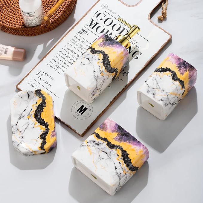 4 Piece Bathroom Accessories Set - Purple Bathroom Accessory Sets Includes Lotion Dispenser, Toothbrush Holder Tumbler, and Soap Dish - Glossy Finish (Marble, Purple)