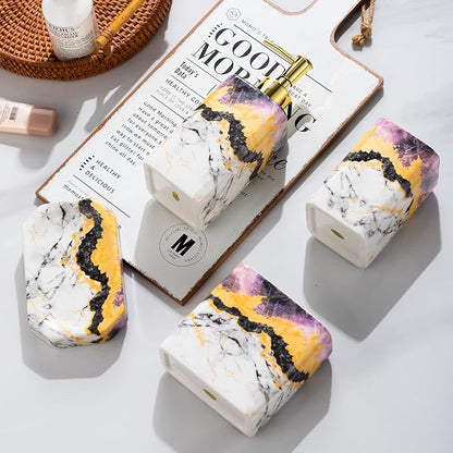 4 Piece Bathroom Accessories Set - Purple Bathroom Accessory Sets Includes Lotion Dispenser, Toothbrush Holder Tumbler, and Soap Dish - Glossy Finish (Marble, Purple)