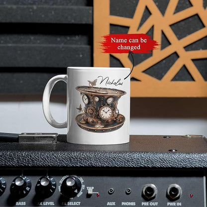 Personalized Coffee Mug Gift For Men, Customized Choose Name White Cup 11oz Or 15oz, Unique Steampunk Design Ceramic Cup, Custom Clock Themed Decorative Cup, Steampunk Decor Mug