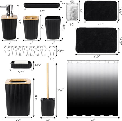 Bathroom Sets with Shower Curtain and Rugs,Black Bathroom Set with Bathroom Trash Can,Soap Dispenser,Toilet Brush,Toothbrush Set,Qtip Holders for Housewarming