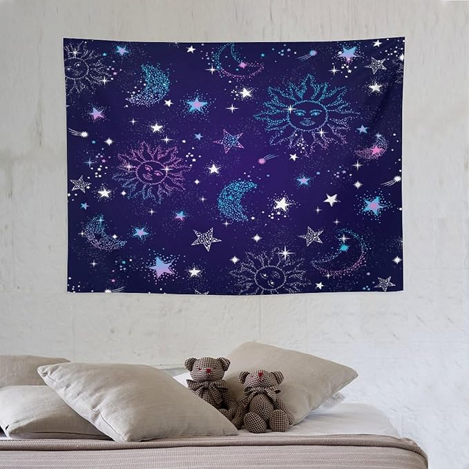 HZOHNAGO Boho Sun Moon Tapestry Purple Blue Sun Stars Galaxy Pattern Printed Wall Tapestry Wall Hanging for Bedroom Living Room Dorm 40" W x 30" H