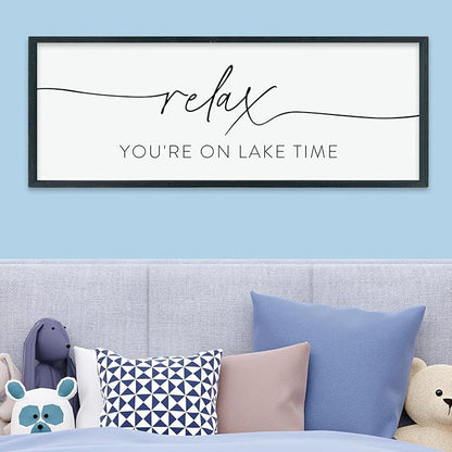 Relax You're On Lake Time Sign Wall Decor 40"×15" Lake House Bedroom Large Wood Framed Hanging Wall Art (Black)