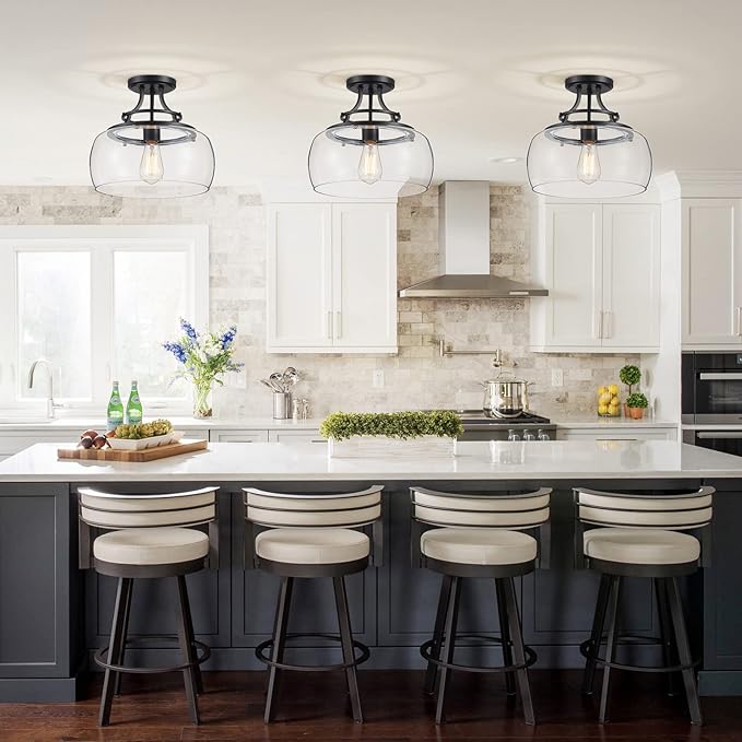 WUZUPS Chandelier Rustic Farmhouse Industrial Round Semi-flushmount Ceiling LED Light Fixture with Clear Glass Shades for Bathroom Kitchen Foyer Entryway, H 11.8" x W 13.4", E26 Base, Black