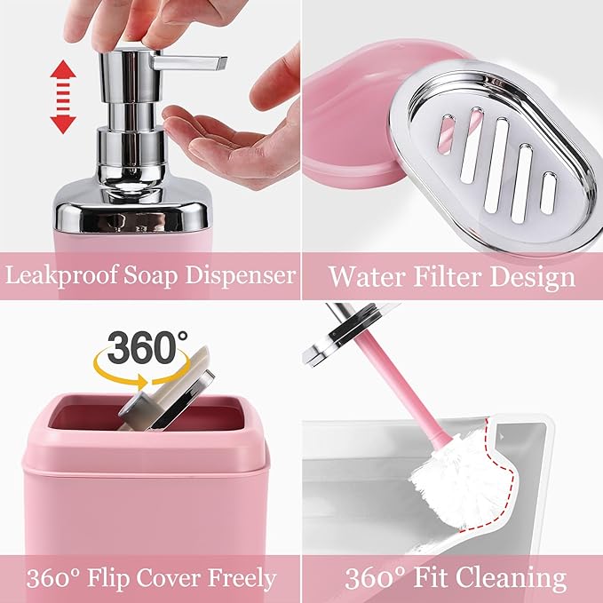 Pink Bathroom Accessories Set, 9PCS Pink Bathroom Accessory Sets Complete with Trash Can, Tray,Soap Dispenser,Soap Dish,Toothbrush Holder,Cup,Toilet Brush and Qtip Holders for Housewarming