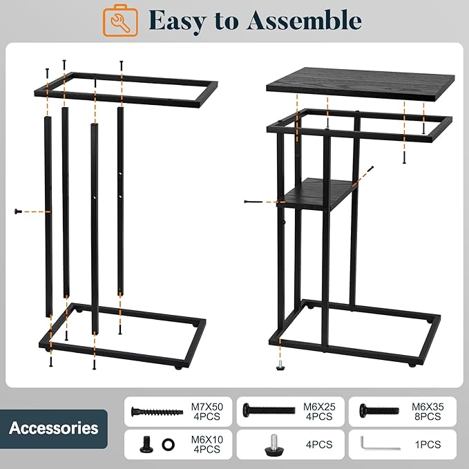 Yoobure C Shaped End Table, Side Table for Couch and Bed, Small Side Table for Small Spaces, Living Room, Bedroom, Rustic Snack Table