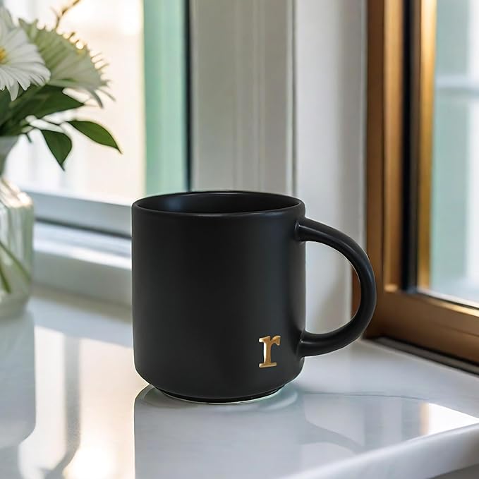 COLLECTIVE HOME - Black Monogram Ceramic Mugs, 15 oz Golden Initial Coffee Cups, Elegant Alphabet Tea Mugs, Personalized Halloween Mug with Gift Box, Perfect for Office and Home Décor (r)