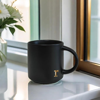 COLLECTIVE HOME - Black Monogram Ceramic Mugs, 15 oz Golden Initial Coffee Cups, Elegant Alphabet Tea Mugs, Personalized Halloween Mug with Gift Box, Perfect for Office and Home Décor (r)