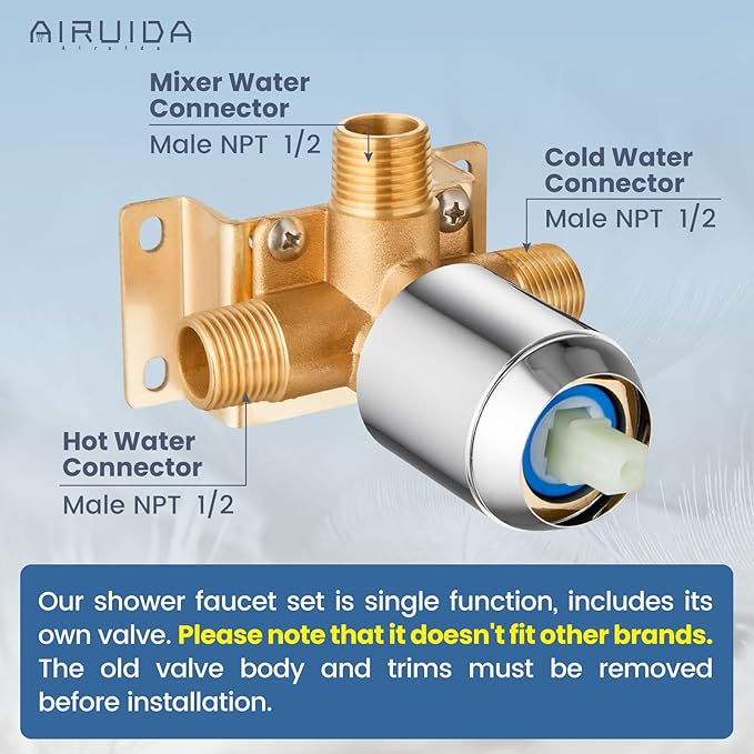 Airuida Shower Faucet Set,Single Function Shower Trim Kit,Wall Mount 6 Inch Round Rainfall Shower Head and Handle Set,Single Handle Shower System Set Male Threads Rough-in Valve Chrome Polish