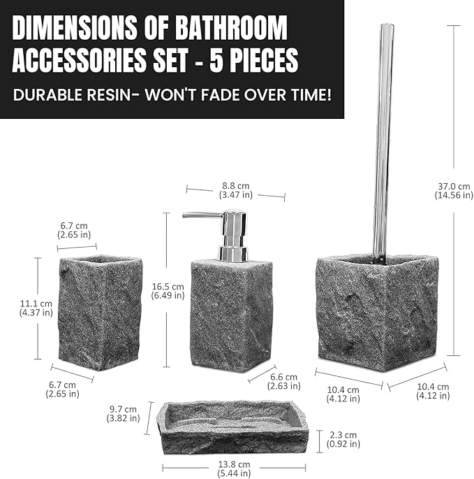 Bathroom Accessories Set - Soap Dispenser, Toothbrush Holder, Soap Dish, Toilet Brush & Toilet Brush Holder - Grey Stone Bathroom Accessories Set - Modern Bathroom Organizer Set (Silver)
