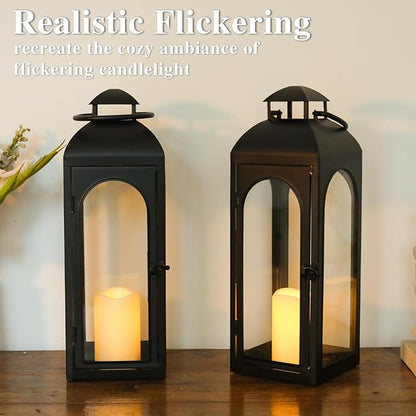 Bdor 2 Pack 20 Inches Metal and Tempered Glass Decorative Lantern with Electronic Wax Effect - Indoor/Outdoor Decorative Lighting, Handcrafted Aesthetic, Perfect for Home, Parties, and Holiday Decor