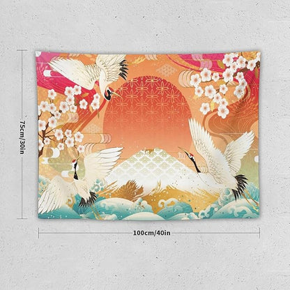 HZOHNAGO Japanese Tapestry Cherry Blossom Crane Sea Wave Fuji Mountain Red Sun Pattern Printed Wall Tapestry Painting Wall Hanging for Bedroom Living Room Dorm 40" W x 30" H