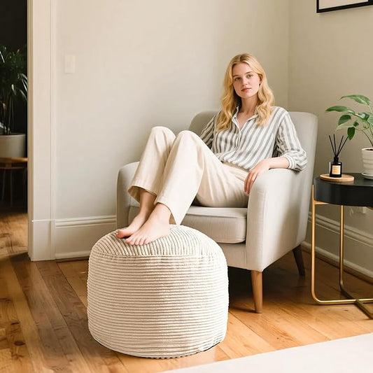 Round Stuffed Pouf Ottoman, Foot Stools Ottoman,Corduroy Poufs with Foam Chunk Filling, Furry and Fluffy Storage Ottomans, 20 X 15 Floor Poufs Foot Rest for Living Room