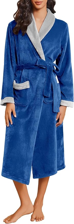 Ekouaer Robes for Women Soft Long Bathrobe Lightweight Fleece Shawl Collar Spa Robe Cozy Sleepwear with Pockets S-XXL
